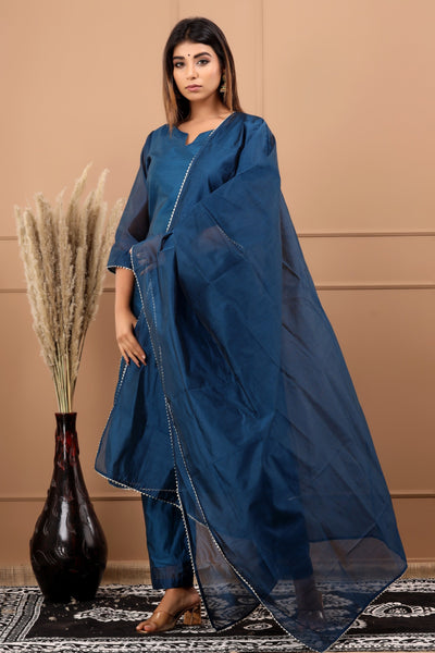 Women's Blue Kurta with Pants & Dupatta Set by SARAS THE LABEL- (3pcs set)