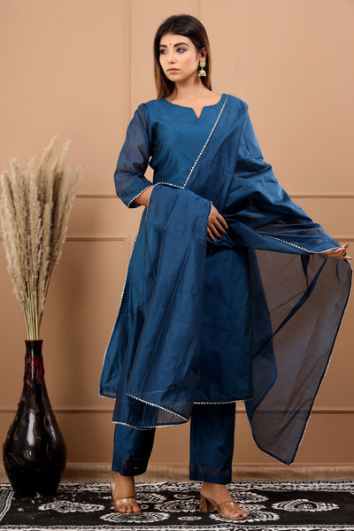 Women's Blue Kurta with Pants & Dupatta Set by SARAS THE LABEL- (3pcs set)