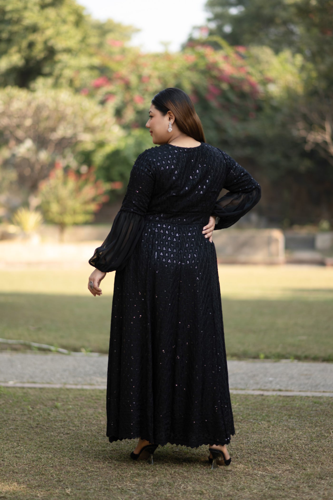 Black Sequin & Chikankari Midi Dress by Saras The Label ( 1 Pc Set)